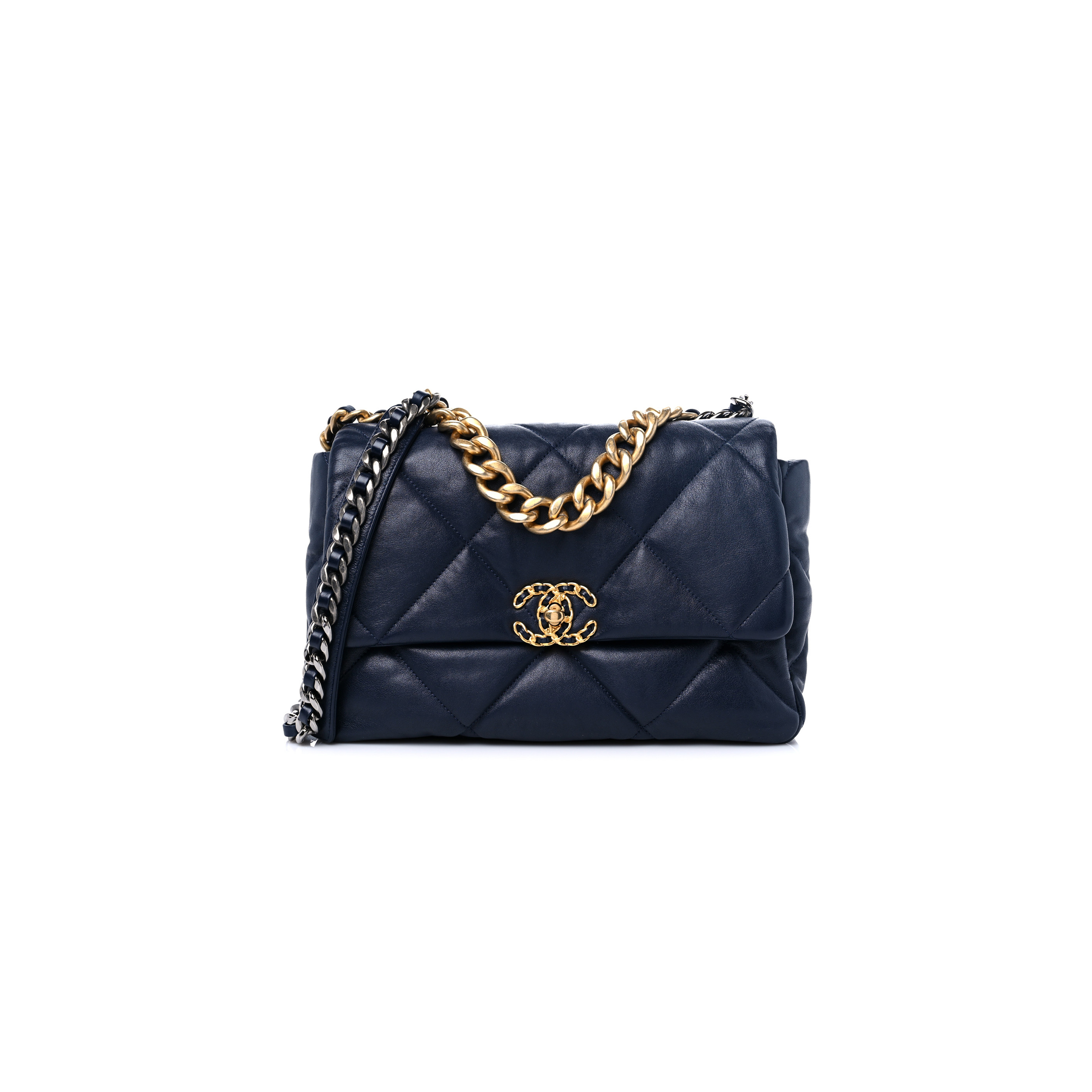 CHANEL LAMBSKIN QUILTED LARGE CHANEL 19 FLAP NAVY BLUE AS1161 (30*20*10cm)